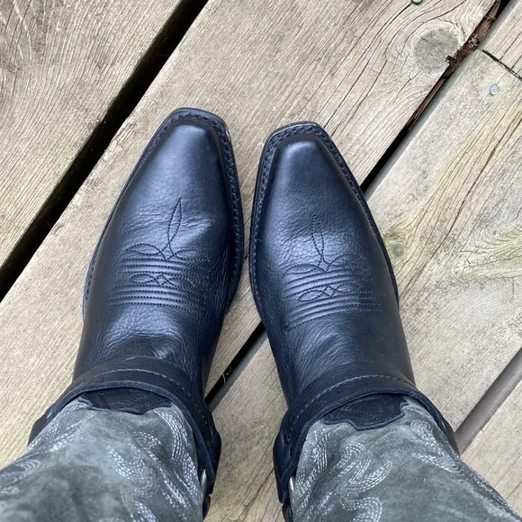FRYE Boots LILY HARNESS Leather Suede Black Gray Embroidered Western Size 7.5 - Picture 6 of 13